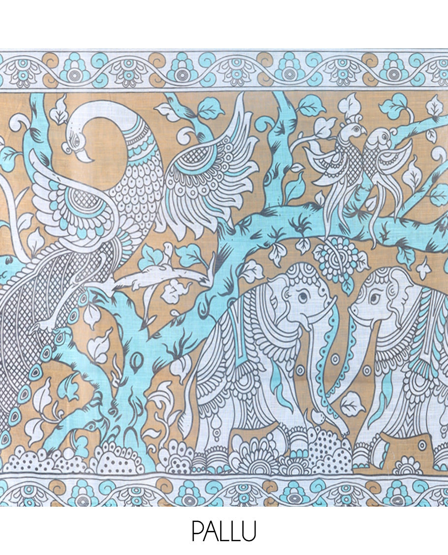 Teal Blue Linen Cotton Saree Features Kalamkari Human Figurines, a Piping Border, Kalamkari Pallu, Contrast Blouse