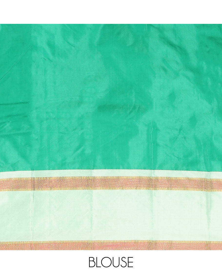 Green Aarani Silk Saree, Spotlighted with Zari Medium-Sized Checked All Over Its Body, Complemented by a Contrast Zari Buttas Woven Border, Pallu of Stripes, and Paired with a Matching Blouse