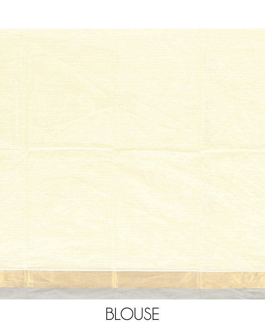 Pale Yellow Kanchi Cotton Saree, Woven with Buttas All Over Its Body, a Complemented by Contrast Border, Pallu of Intricate Designs, and Paired with a Matching Blouse