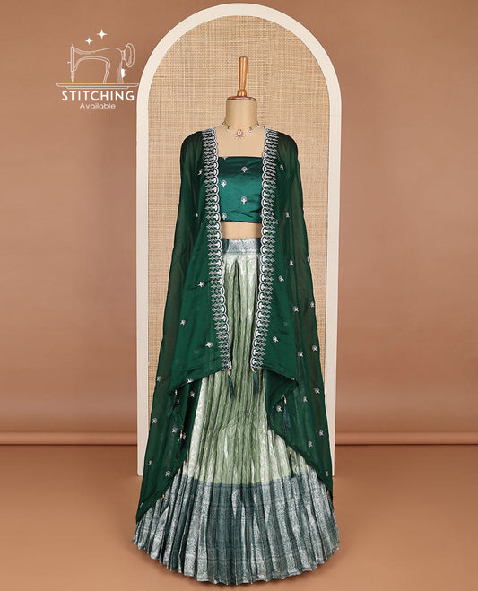 Green floral jacquard half saree with contrast intricate zari border, embroidered blouse & floral embroidery scallop border dhavani