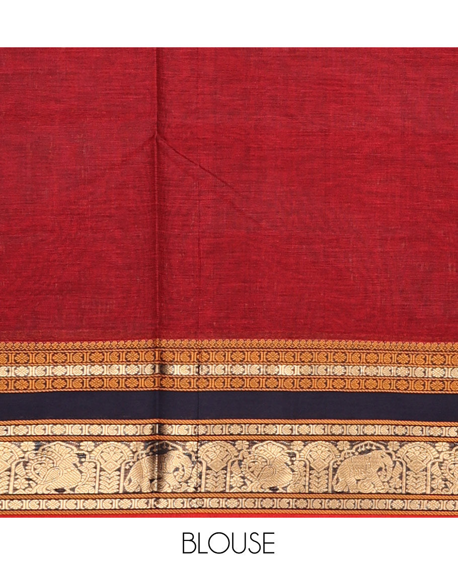 Red Buttas-Checked Kuppadam Silk Saree, a Contrast Double-Pet Peacock-Elephant Border, Grand Pallu, Matching Blouse
