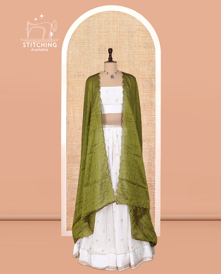 Cream-Mehendi Green Viscose Georgette Half-saree, Buttas Skirt, Matching Blouse, Contrast Checked Dhavani