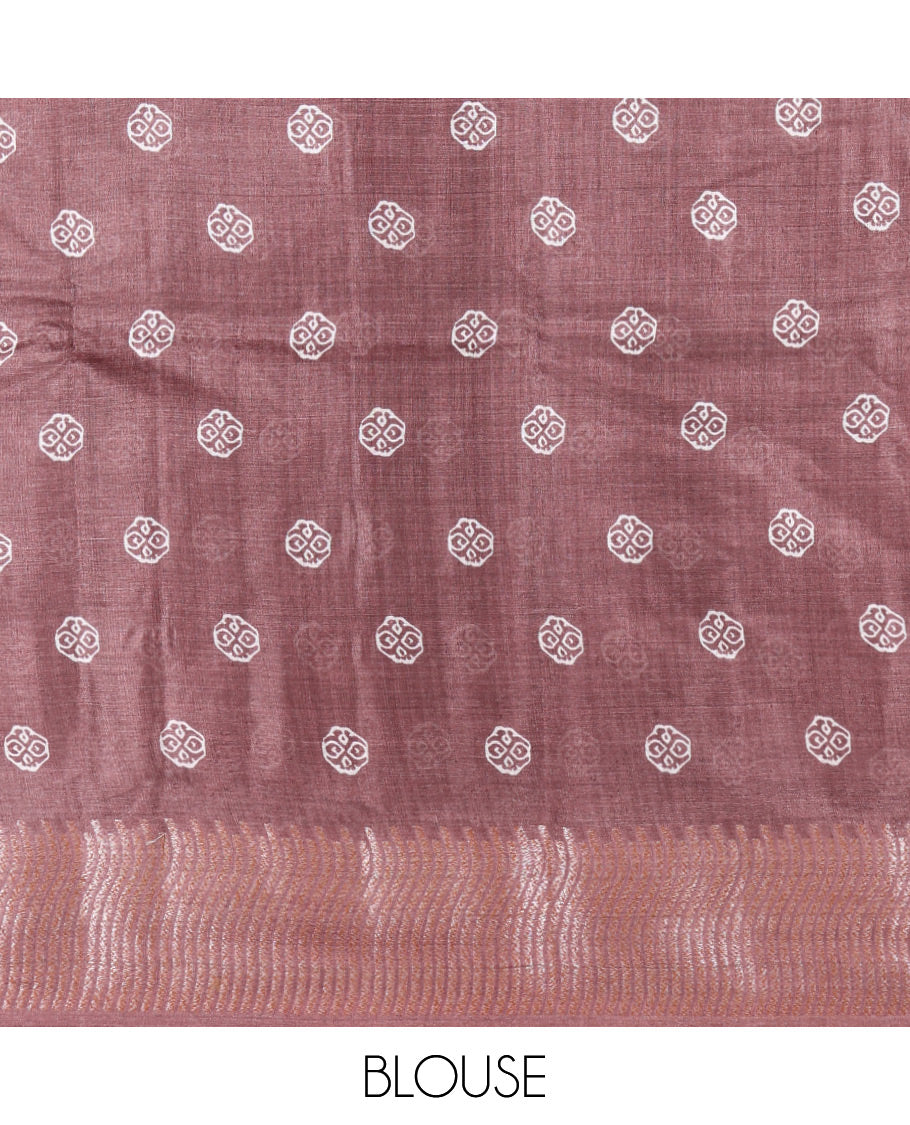 Brown Tusser Silk Saree Features Buttas, a Zari Border, Self-Pallu of Stripes, and a Matching Blouse