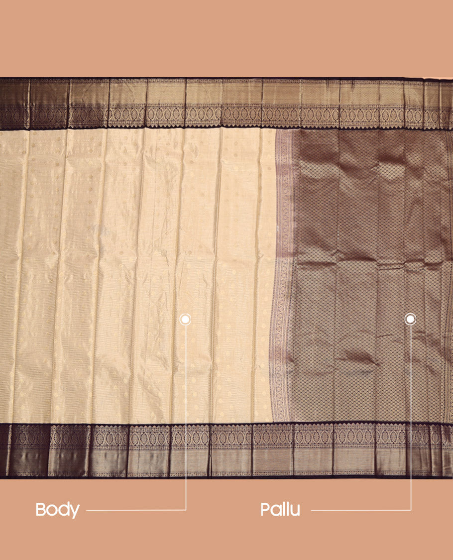 Beige Budget Silk Saree, Sparsely Woven with Buttas and Stripes, Complemented by a Contrast Traditional Zari Border, Grand Pallu, and a Contrast Blouse