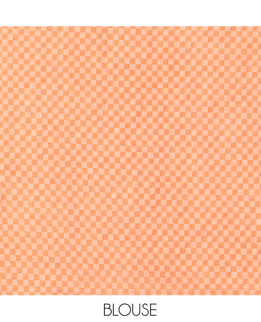 Borderless Orange-Royal Blue Checked Linen Cotton Saree, and Contrast Blouse