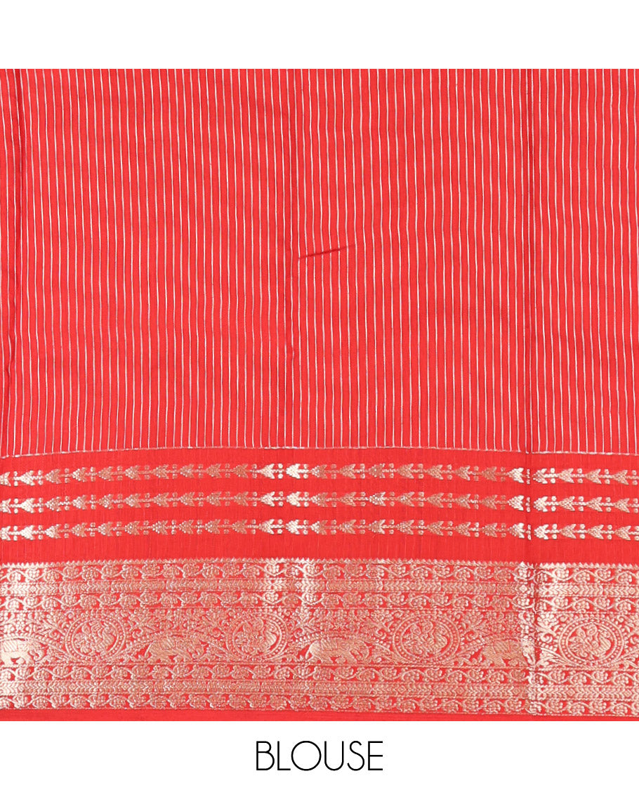 Blue Assam Silk Saree, Bedecked with Zari Stripes, Complemented by Contrast Traditional Zari Border,  Zari Woven Pallu, and Contrast Blouse