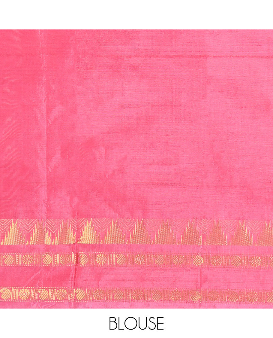 Yellow Banana Pith Saree, Sparsely Woven with Buttas, a Contrast Rettai Pettu Temple Border, Pallu of Buttas and Stripes, and a Contrast Blouse