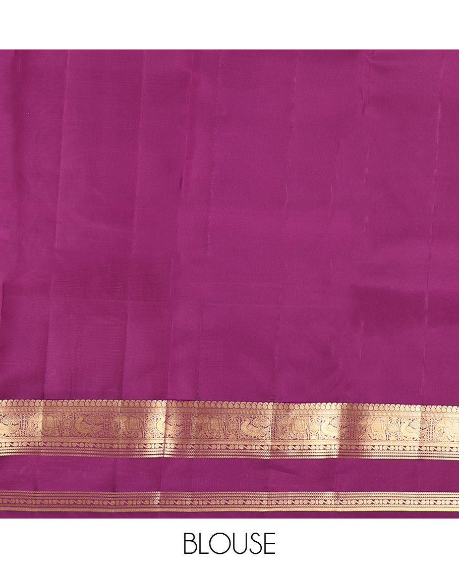 Magenta Vasundhara Lite Silk Mix Saree, Detailed with Yaali Buttas, Highlighted by Zari Border of Manga, Muthu, Mayil, and Yaanai Design, Grand Pallu, and a Matching Blouse