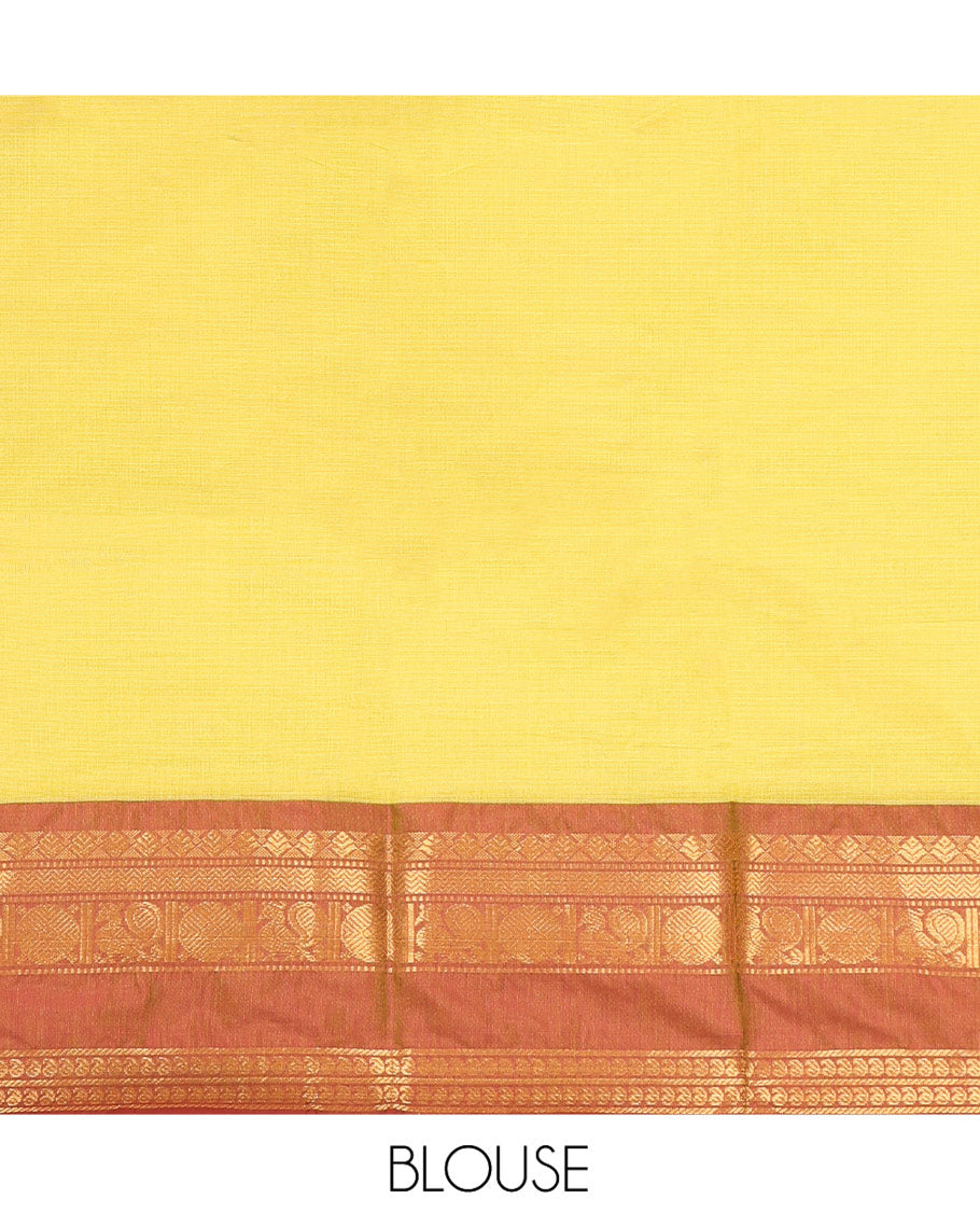 Yellow Plain Chettinad Cotton Saree, Complemented by a Contrast Traditional Zari Design Rettai Pettu Border, Pallu of Stripes, and Paired with a Matching Blouse