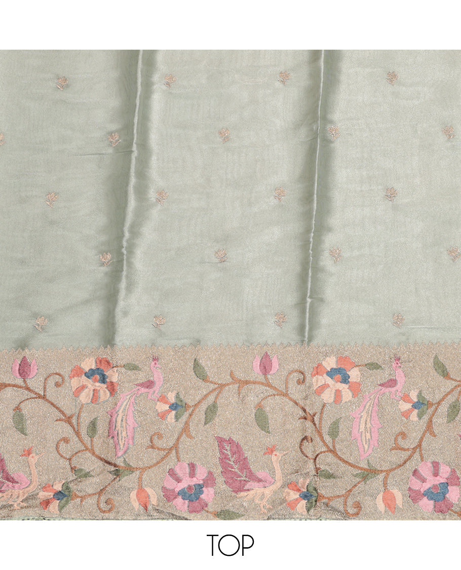Pale Green Material Churidar Set, Finely Crafted with Zari Buttas and Floral-Bird Embroidery on Its Chanderi Silk Top, a Plain Bottom, and Embroidery Chanderi Silk Dupatta