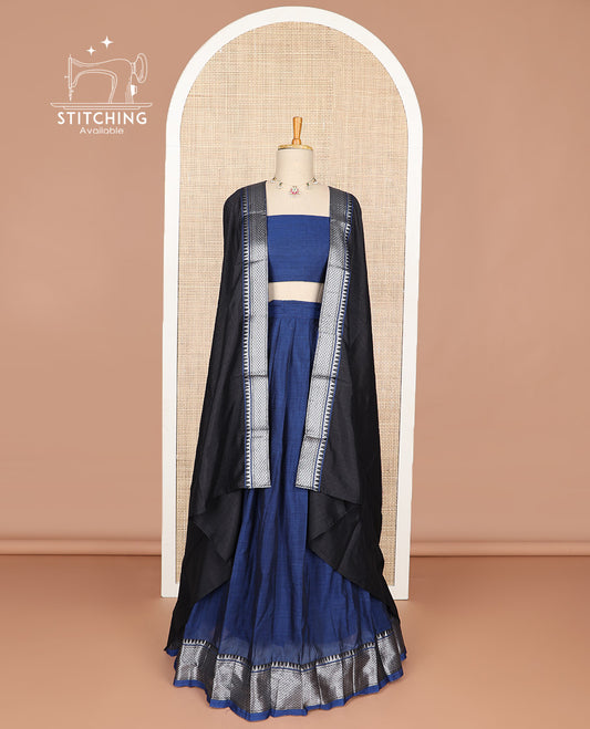 Dark blue cotton half saree with contrast zari design border, zari design blouse & plain, zari design border dhavani