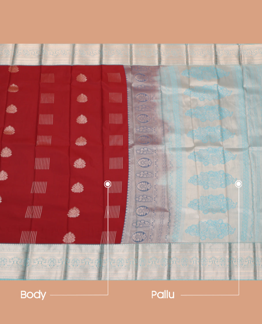 Maroon Budget Silk Saree, Elevated with Zari Buttas, a Contrast Traditional Border, Grand Pallu, and a Contrast Blouse