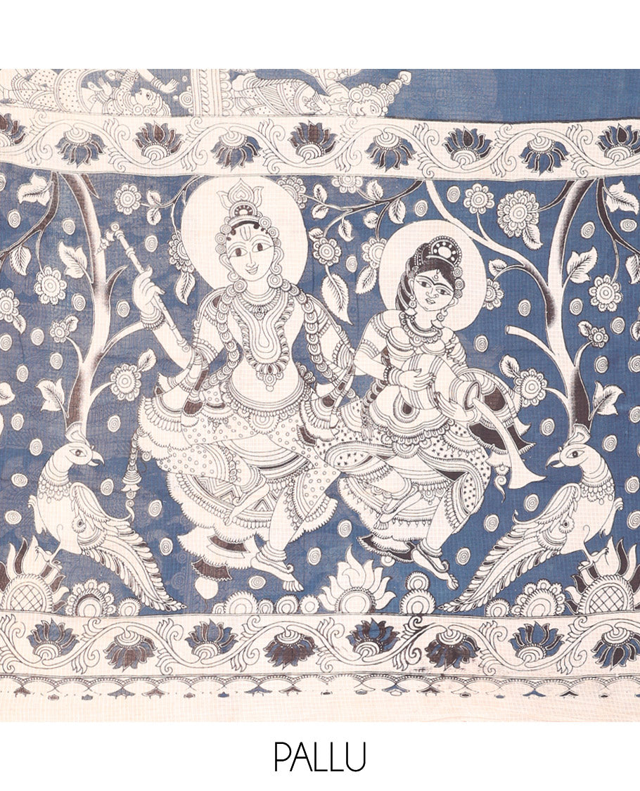 Borderless Grey Kalamkari Cotton Saree Features Ancient Human Motifs Print, Self-Pallu of Lord Motifs, and a Contrast Blouse