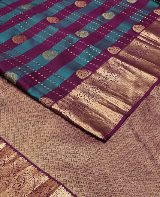 Purple-blue striped & zari design vasundhara silkmix saree,contrast jaal pallu & border of thilakam,banaras,rudraksham,floral & manga