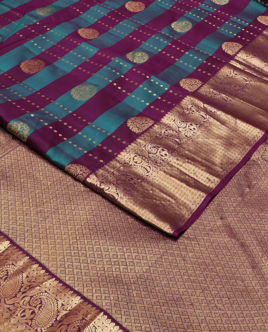 Purple-blue striped & zari design vasundhara silkmix saree,contrast jaal pallu & border of thilakam,banaras,rudraksham,floral & manga
