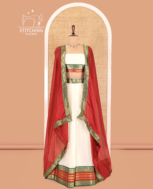 Cream-Maroon Semi-Silk Cotton Half-Saree
