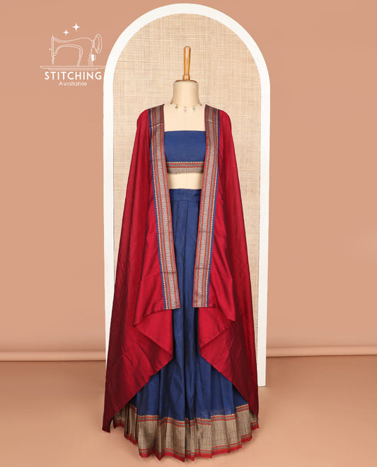 Blue cotton half saree with contrast intricate zari design border, zari design blouse & zari design border dhavani