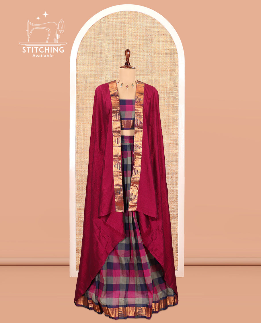 Multi-Color Checked Chettinad Cotton Half-Saree Features a Ara Maadam Border, Matching Blouse, Contrast Dhavani