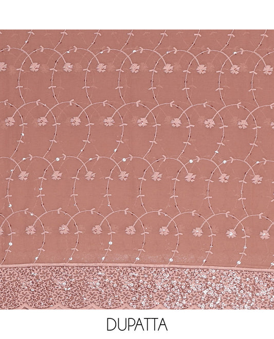 Chocolate Brown Material Chudidar Set Features Sequin Embroidered Georgette Top, a Plain American Crepe Bottom, and a Scallop Dupatta Embellished with Floral Vine Embroidery