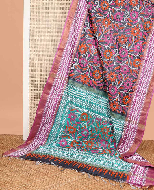 Black floral thread embroidery tussar silk saree with contrast geometric design border & floral embroidery pallu