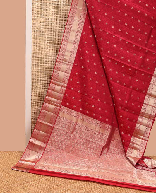 Red floral jacquard kancheepuram silk saree with self floral design border & jaal design pallu