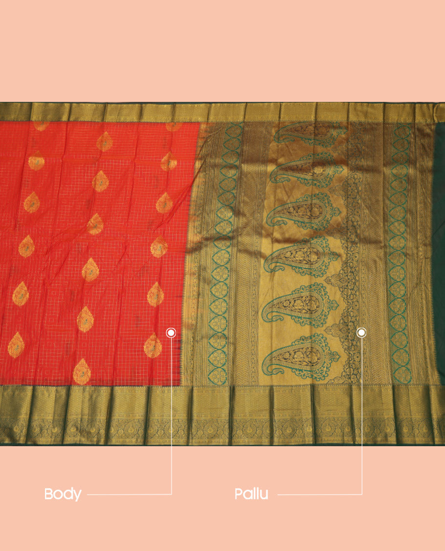 Red Budget Silk Saree, Bedecked with Zari Buttas and Checks, Complemented by a Contrast Traditional Zari Border, Grand Pallu, and Contrast Blouse