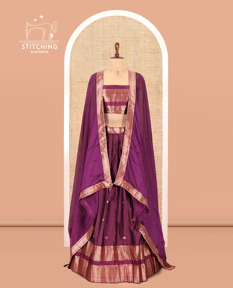 Dark Purple Semi-Silk Half-Saree, Elevated with Zari Buttas Woven Skirt, a Rettai Pettu Traditional Border, a Matching Blouse, and Dhavani