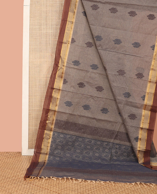 Grey Kanchi Cotton Saree, Uniquely Designed with Buttas All Over Its Body, Complemented by Contrast Zari Design Border, Pallu of Jaal Design, and Paired with a Matching Blouse