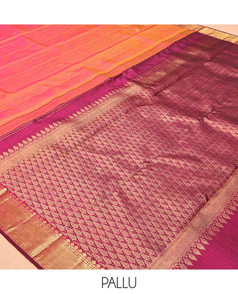 Orange Embossed Parambara Silk Saree, Adorned with Mayil Buttas, a Contrast Border of Thilakam Mokku, Poun, and Vanki Designs, Grand Pallu, and Contrast Blouse