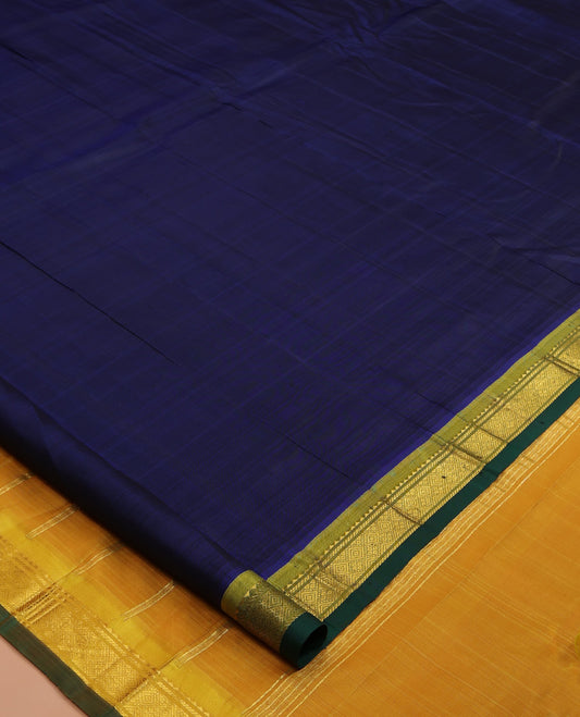 Blue Plain Kanchipuram Silk Saree, a Contrast One-sided Border of Rekku, Banaras, and Jaal Designs, Zari Striped Pallu, and No Blouse