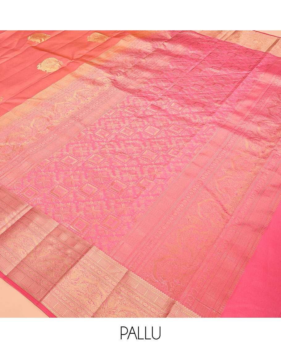 Peach Vasundhara Silk Saree, Delicately Woven with Annam Buttas, Contrast Border of Thilakam, Kathir, Mayil Kann, Kamalam, Mayil, and Yaali, Grand Pallu, and a Matching Blouse