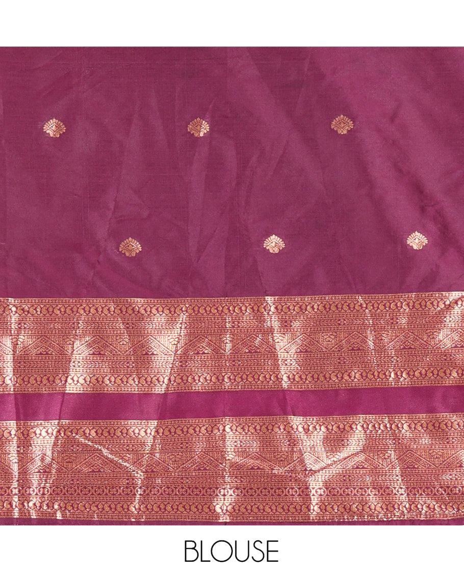 Dark Purple Semi-Silk Half-Saree, Elevated with Zari Buttas Woven Skirt, a Rettai Pettu Traditional Border, a Matching Blouse, and Dhavani