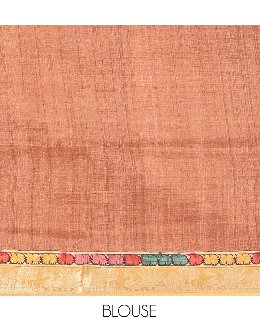 Purple Kalamkari Saree, Decorated with Floral Print, Complemented by Contrast Zari Border, Pallu of Fauna Motifs, and a Contrast Blouse