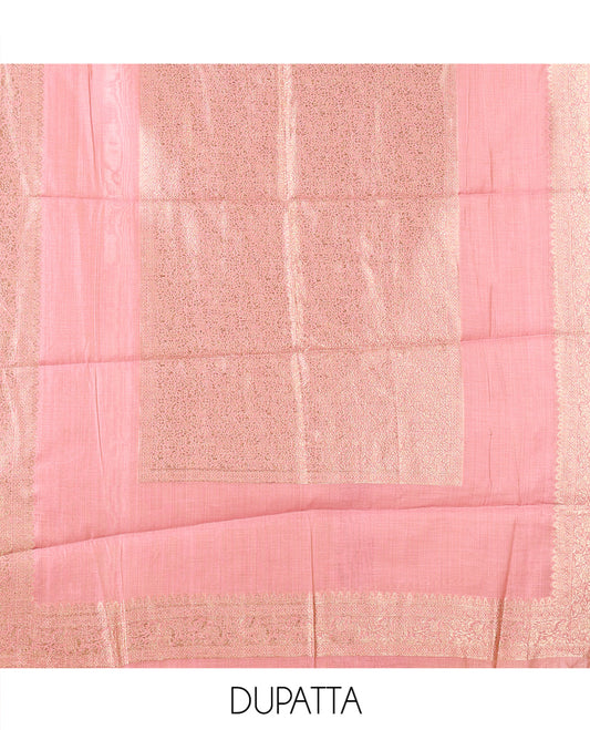 Onion Pink Banarasi Material Chudidar Features Jacquard Top, a Matching Santoon Bottom, and an Intricately Designed Dupatta