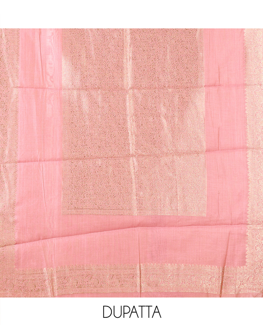 Onion Pink Banarasi Material Chudidar Features Jacquard Top, a Matching Santoon Bottom, and an Intricately Designed Dupatta