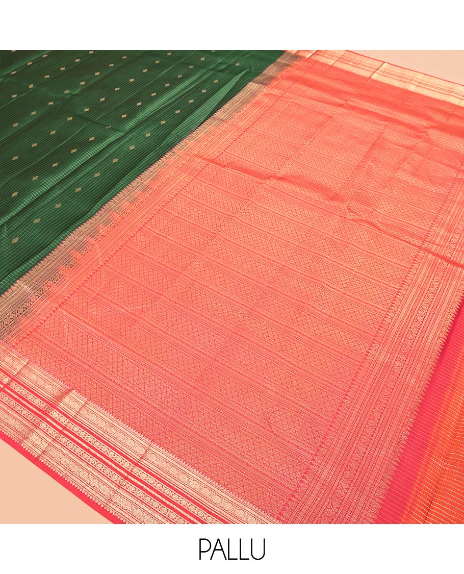 Green Vasundhara Silk Saree, Showcasing Zari Buttas and Checks, a Contrast Border of Thilakam, Kathir, Cross Kamalam, and Kodi Visiry Designs, Grand Pallu, and Contrast Blouse