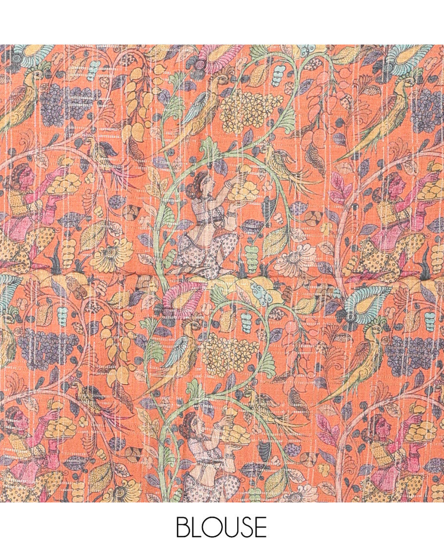 Yellow Fancy Tussar Silk Saree, Embellished with Checked Design, Contrast Zari Piping Border, Pallu of Kalamkari Motifs, and Contrast Kalamkari Printed Blouse