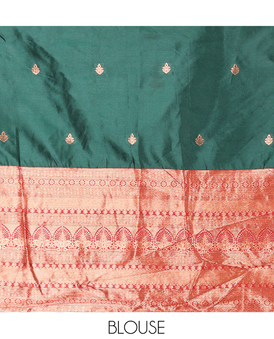 Dark Green Semi-Banarasi Half-Saree Featuring Buttas Skirt, Contrast Traditional Border, Matching Blouse, Satin Georgette Dhavani