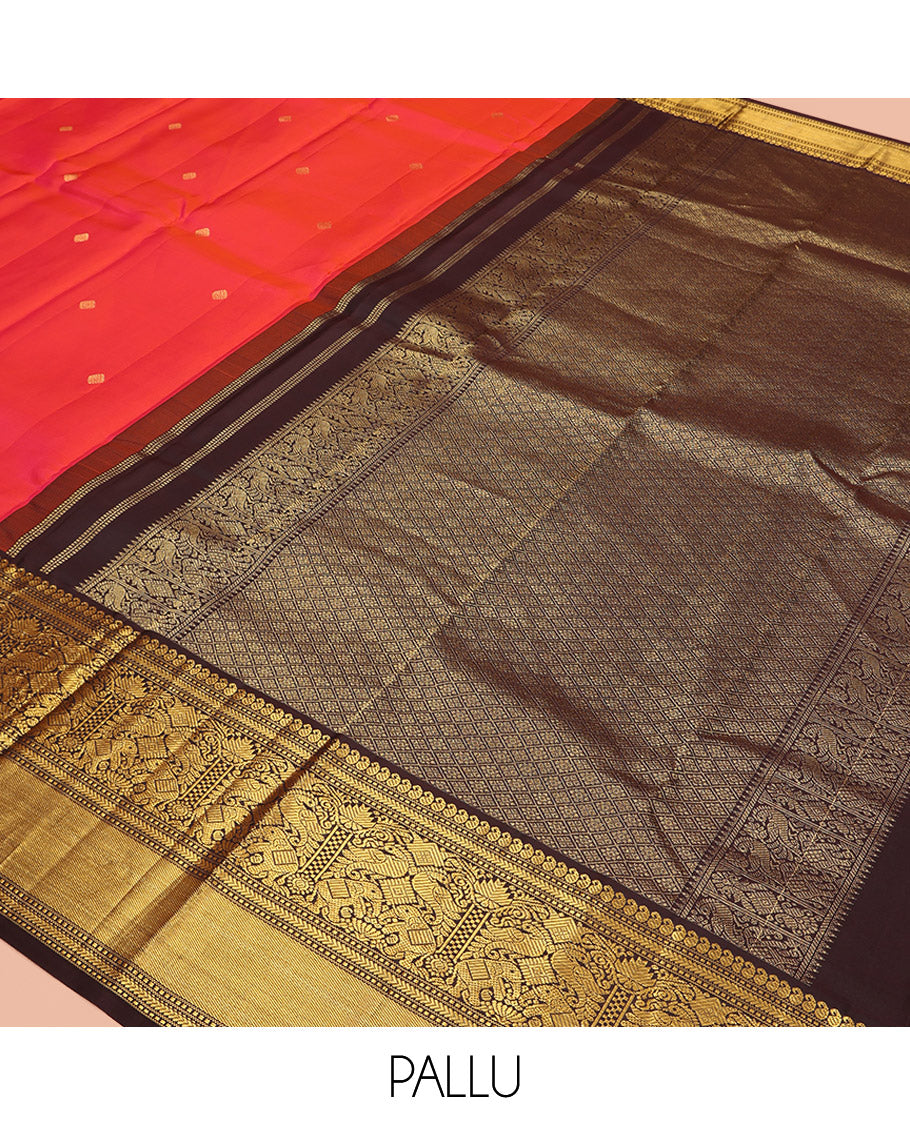 Coral Vasundhara Silk Saree, Elevated with Zari Buttas All Over Its Body, Complemented by a Contrast Border of Manga, Muthu, Kathir, Mayil, and Yaanai Designs, Grand Jaal Pallu, and Paired with a Contrast Blouse