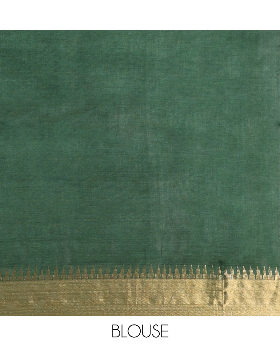 Green Banana Pith Saree, Accentuated with Zari Buttas, a Zari Temple Border, Striped Pallu, and Matching Blouse