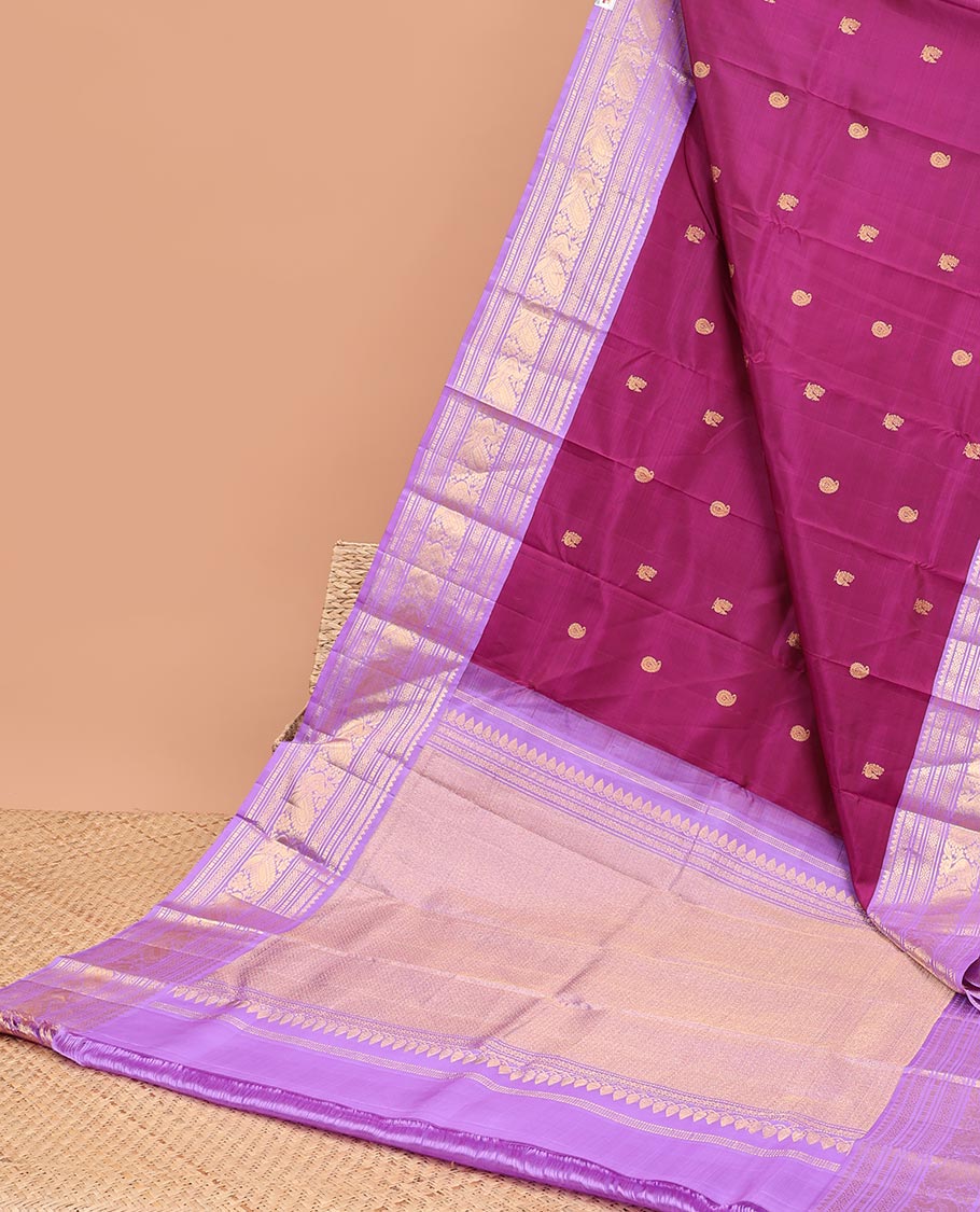 Purple kancheepuram silk saree with contrast korvai zari design border & intricate zari design pallu