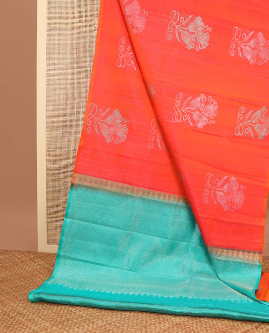 Orange striped, floral design kancheepuram silk sareee with geometric design pallu