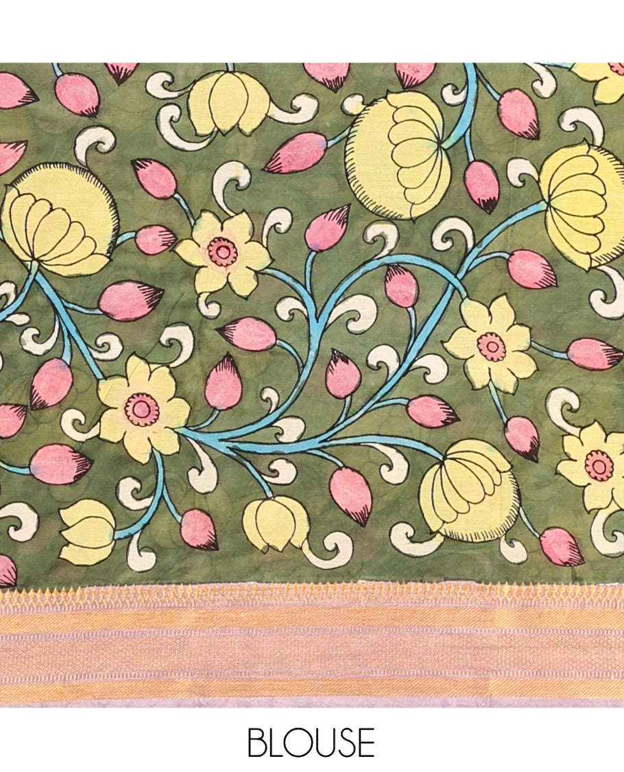 Lemon Yellow Kalamkari Silk Saree, Finely Crafted with Human Figurines, a Contrast Traditional Zari Border, Pallu of Kalamkari Human Motifs, and a Contrast Blouse