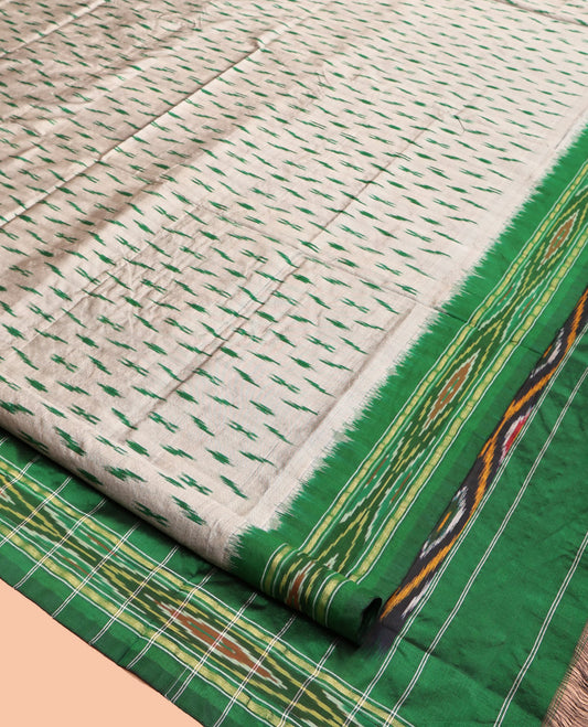 Grey-Green Pochampally Ikat Silk Saree, Adorned with Ikat Buttas, Complemented by a Contrast Ikat Border, Ikat-Style Pallu, and No Blouse