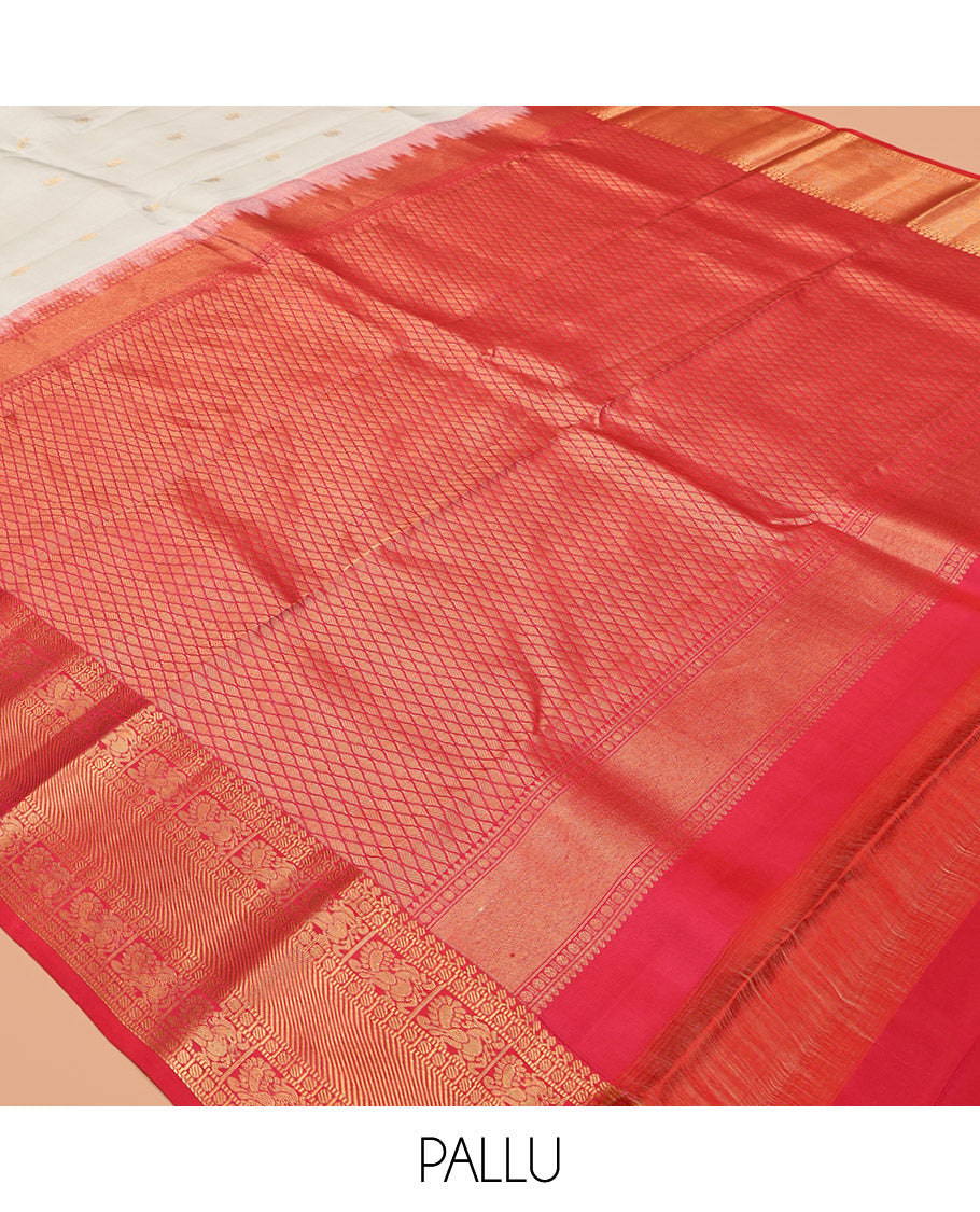 Off-White Vasundhara Lite-Silk Mix Saree, Enthralled with Iruthalai Pakshi Buttas, a Contrast Border of Thilakam Mokku, Muthu, Paisa, and Mayil Designs, Grand Pallu, and a Contrast Blouse