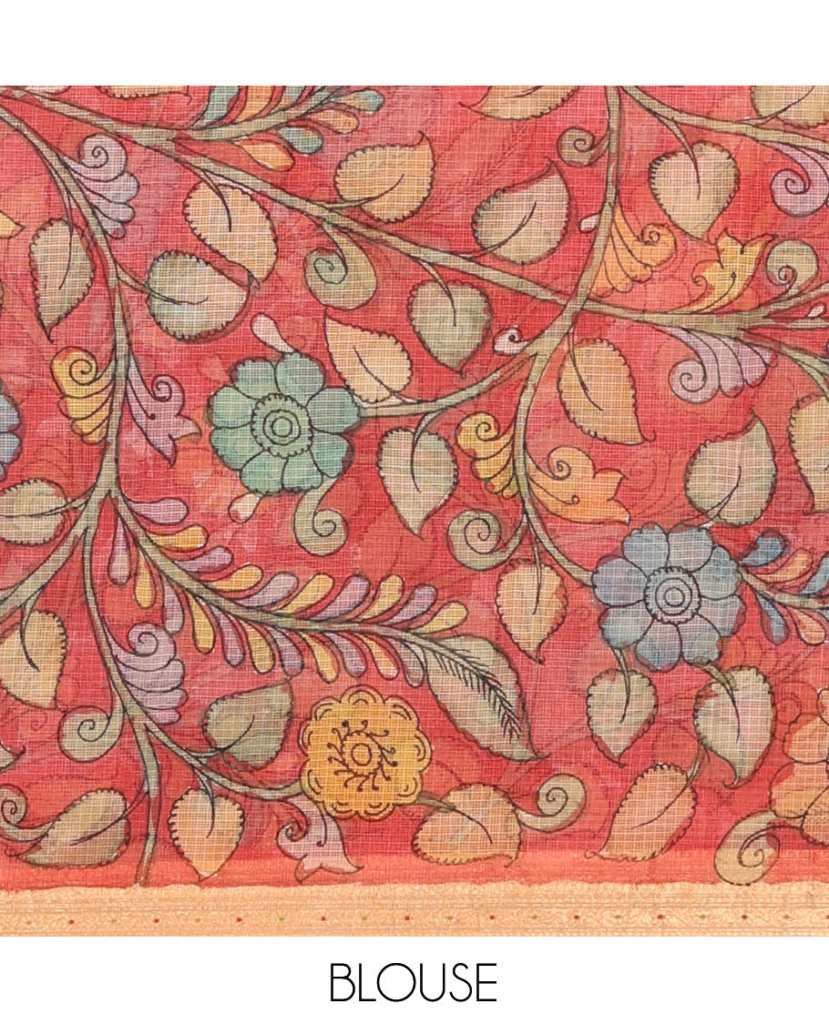 Blue Flora-Fauna-Human Pen Kalamkari Silk Saree, Contrast Zari Border, God Motif Pallu, Contrast Blouse