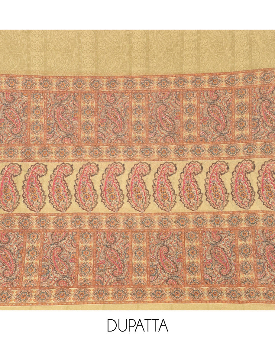 Light Mehendi Material Chudidar Set Intricately Printed with Paisley Motifs on the Italian Crepe Top, Subtly Negative Printed Bottom, and Italian Crepe Dupatta of the Same Paisley Prints