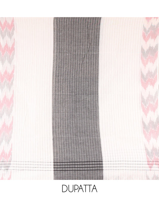 Black-Grey Handloom Cotton Material Chudidar Set, Finely Crafted with Stripes Top, Contrast Striped Bottom, and an Ikat Dupatta