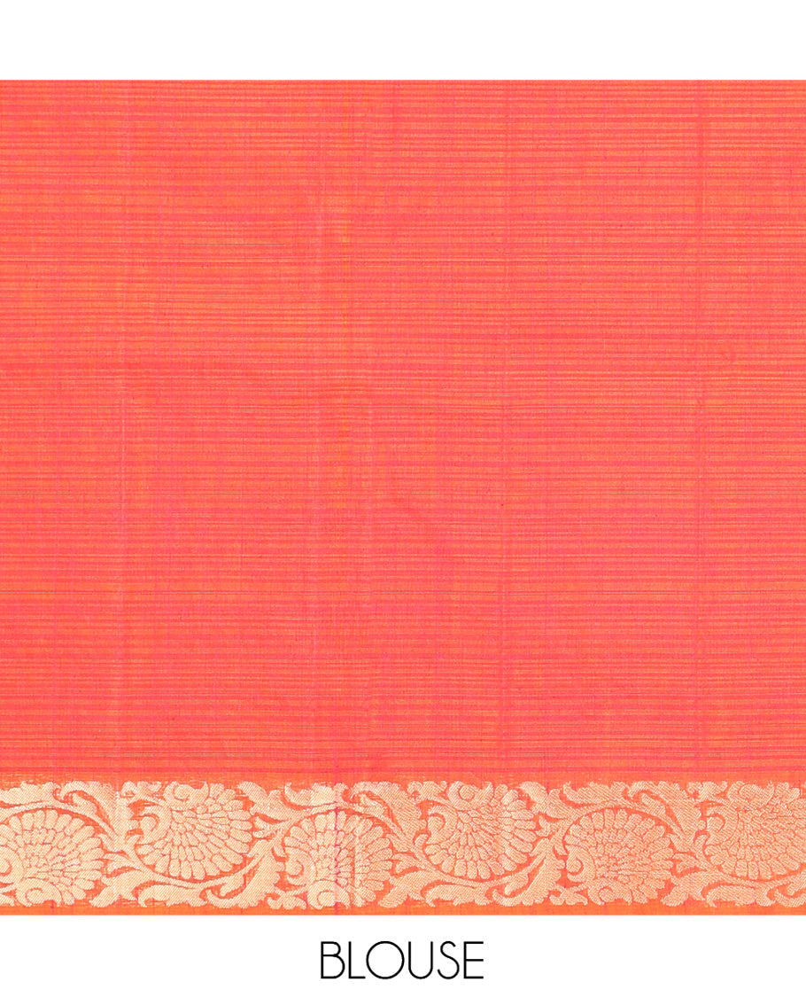 Red Silk Cotton Saree, Delicately Woven with Zari Buttas and Stripes, a Contrast Floral Creeper Border, Floral Design Pallu, and a Matching Blouse