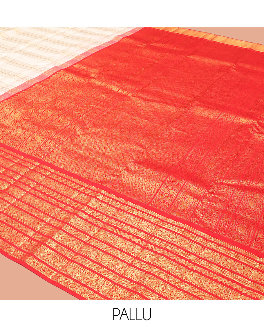 Cream Kanchipuram Designer Silk Saree, Finely Crafted with Geometric Design, Contrast Border of Rekku, Kathir, Annam Chakram, and Jada Nagam Design, Jaal Pallu, and a Contrast Blouse